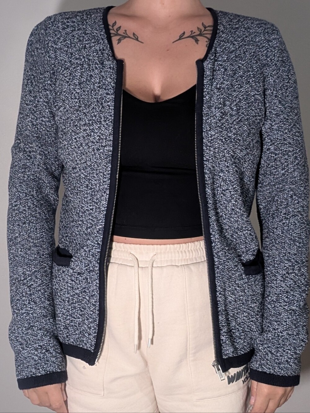 Talbots Navy Textured Knit Zip Front Cardigan